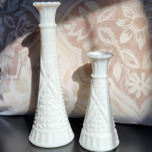 Pair of Vintage White Milk Glass Vases featuring a Stars and Bars Pattern